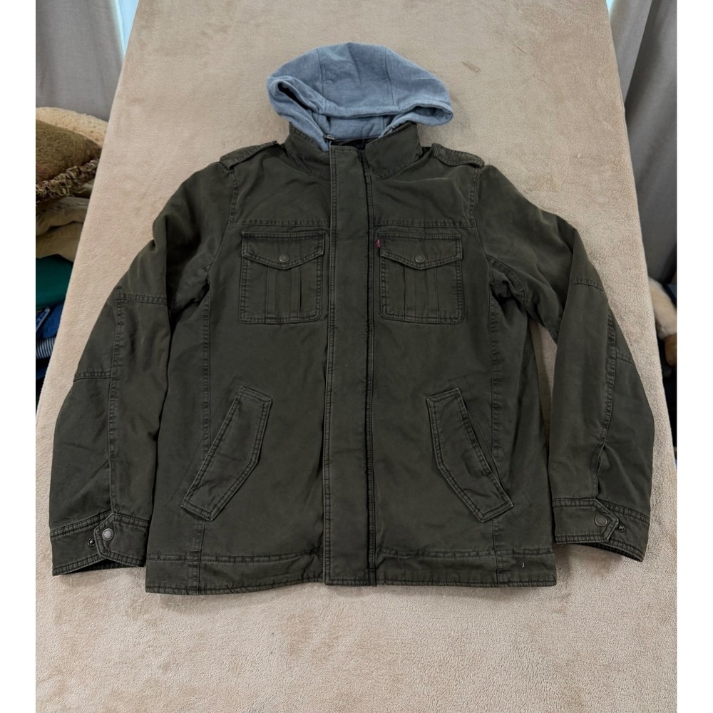 Levi's Field Jacket Men Size M Olive Green Sherpa Lined Hooded Military Coat EUC